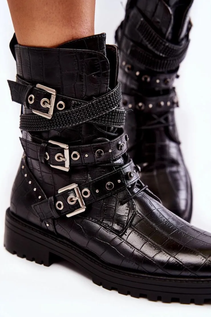 Boto Botki Sznurowane|Czarne Botki*Damskie Ocieplane Botki Z Paskami Wężowe Czarne Lamberta