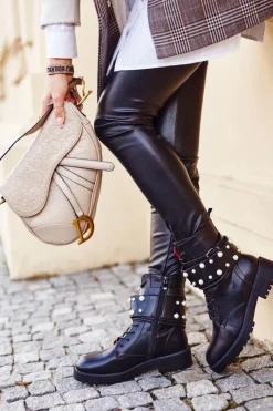 Boto Damskie Ocieplane Botki z Perełkami Czarne Mishigan