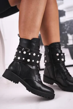 Boto Damskie Ocieplane Botki z Perełkami Czarne Mishigan