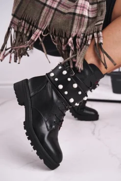 Boto Damskie Ocieplane Botki z Perełkami Czarne Mishigan