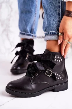 Boto Botki Sznurowane|Czarne Botki*Damskie Ocieplane Botki Z Klamrami I Wstążką Czarne Special