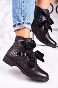 Boto Botki Sznurowane|Czarne Botki*Damskie Ocieplane Botki Z Klamrami I Wstążką Czarne Special