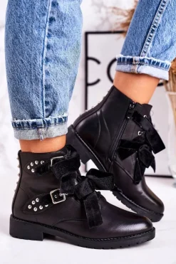 Boto Botki Sznurowane|Czarne Botki*Damskie Ocieplane Botki Z Klamrami I Wstążką Czarne Special