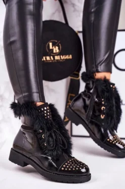 Hot Boto Damskie Ocieplane Botki Z Dżetami I Futerkiem Lakierowane Glam