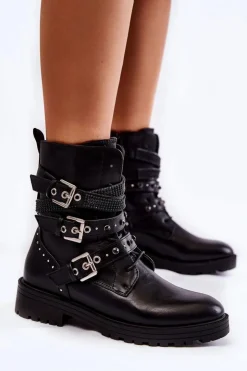 Hot Boto Damskie Ocieplane Botki Z Paskami Gładkie Czarne Lamberta