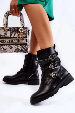 Hot Boto Damskie Ocieplane Botki Z Paskami Gładkie Czarne Lamberta