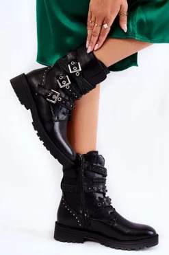 Hot Boto Damskie Ocieplane Botki Z Paskami Gładkie Czarne Lamberta