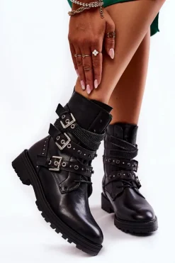 Hot Boto Damskie Ocieplane Botki Z Paskami Gładkie Czarne Lamberta