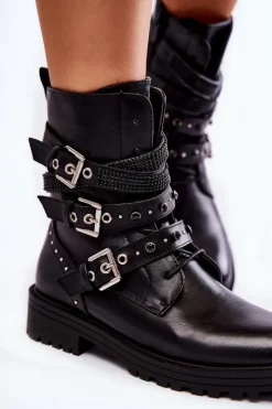 Hot Boto Damskie Ocieplane Botki Z Paskami Gładkie Czarne Lamberta