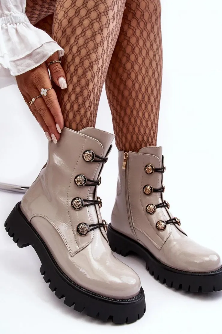 Best Damskie buty S.Barski Damskie Ocieplane Botki Z Ozdobnymi Guzikami D&A MR870-51 Jasnobeżowe Beżowy