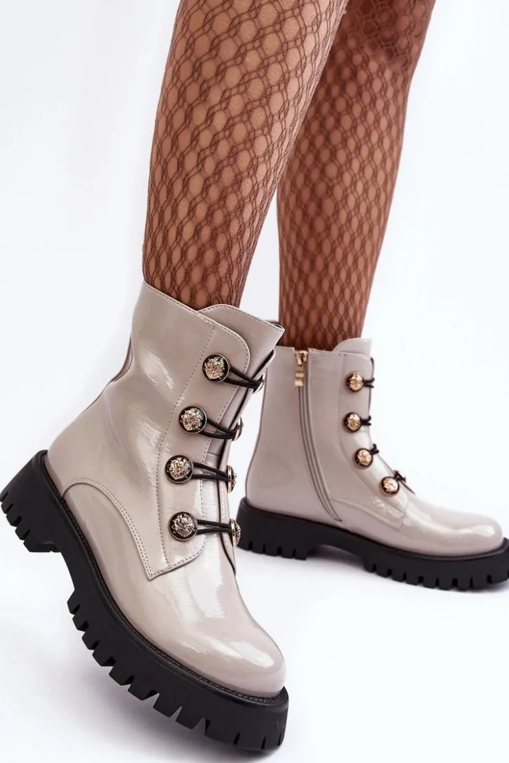 Best Damskie buty S.Barski Damskie Ocieplane Botki Z Ozdobnymi Guzikami D&A MR870-51 Jasnobeżowe Beżowy