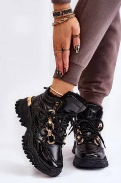 Sale Boto Damskie Ocieplane Buty Sportowe Trapery Sznurowane Czarne Bastini