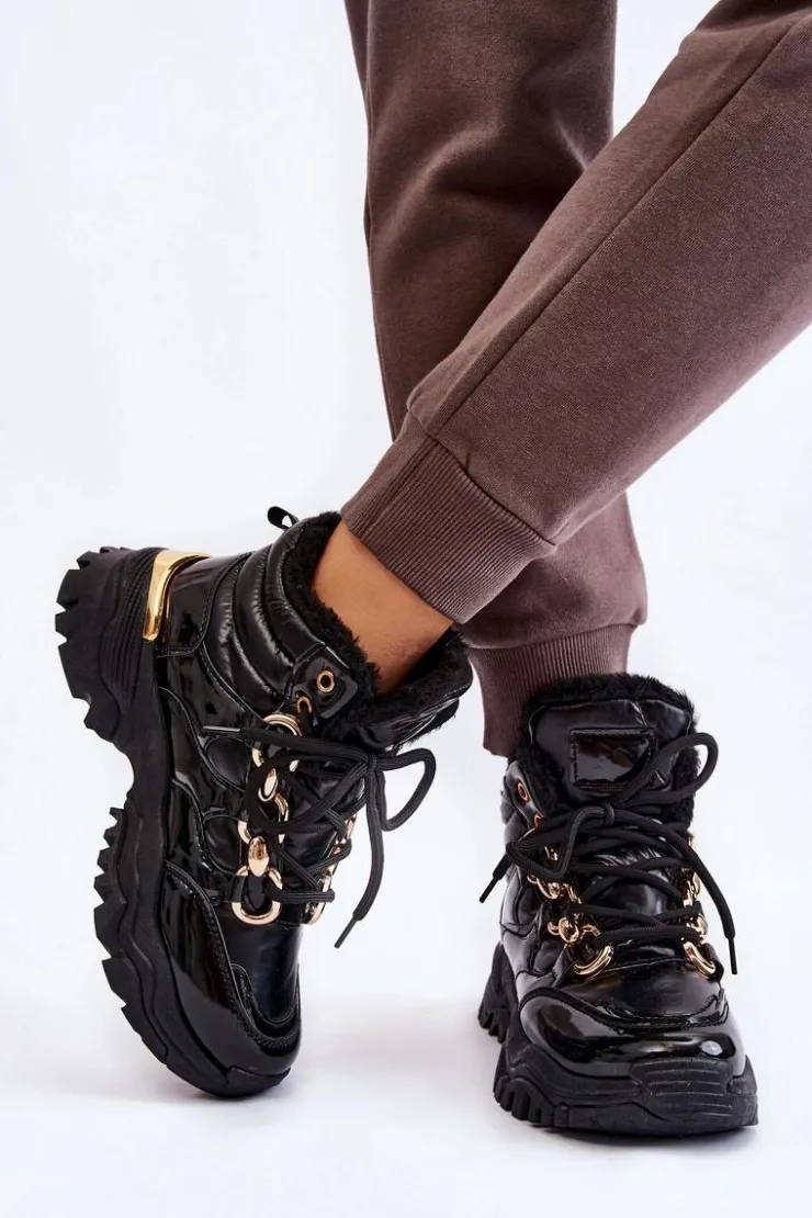 Sale Boto Damskie Ocieplane Buty Sportowe Trapery Sznurowane Czarne Bastini