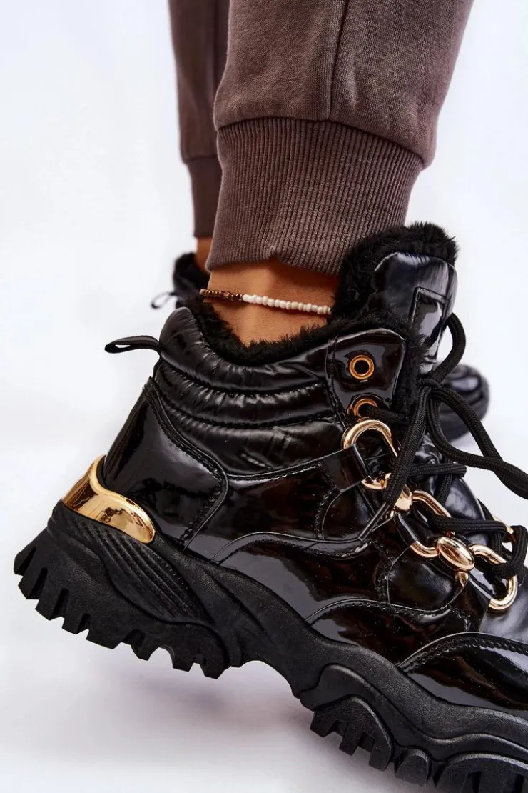 Sale Boto Damskie Ocieplane Buty Sportowe Trapery Sznurowane Czarne Bastini