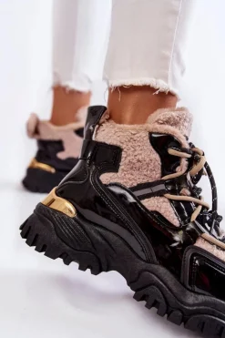 Boto Sneakersy Damskie|Damskie Trapery*Damskie Ocieplane Buty Sportowe Trapery Czarno-Beżowe Edora