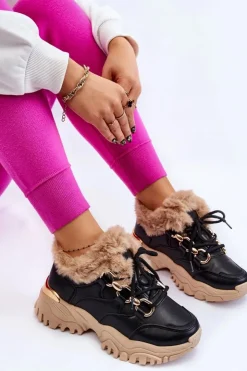 Damskie Boto Damskie Ocieplane Buty Sportowe Sznurowane Czarno Beżowe Kerberos