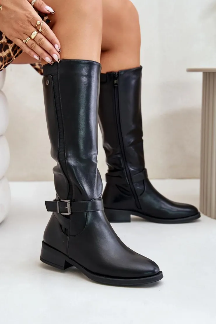 Boto Kozaki Ocieplane|Kozaki Przed Kolano*Damskie Ocieplane Kozaki Na Płaskim Obcasie Ze Złotą Klamrą Czarne Arsisna Czarny