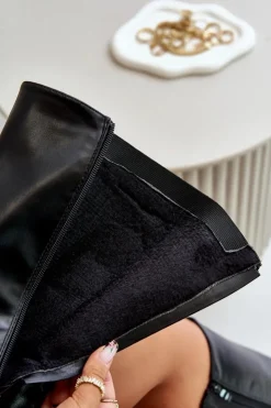 Boto Kozaki Ocieplane|Kozaki Przed Kolano*Damskie Ocieplane Kozaki Na Płaskim Obcasie Ze Złotą Klamrą Czarne Arsisna Czarny