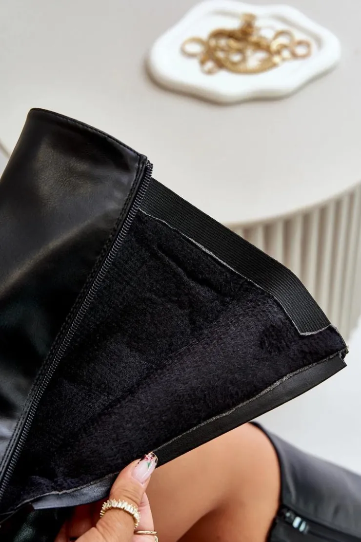 Boto Kozaki Ocieplane|Kozaki Przed Kolano*Damskie Ocieplane Kozaki Na Płaskim Obcasie Ze Złotą Klamrą Czarne Arsisna Czarny