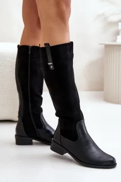 Clearance Boto Damskie Ocieplane Kozaki Przed Kolano Na Zamek Czarne Ivasira Czarny