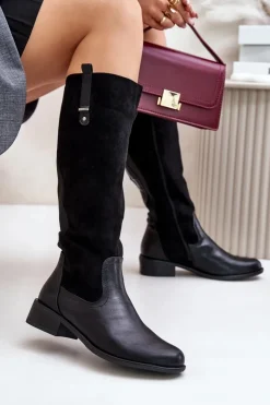 Clearance Boto Damskie Ocieplane Kozaki Przed Kolano Na Zamek Czarne Ivasira Czarny