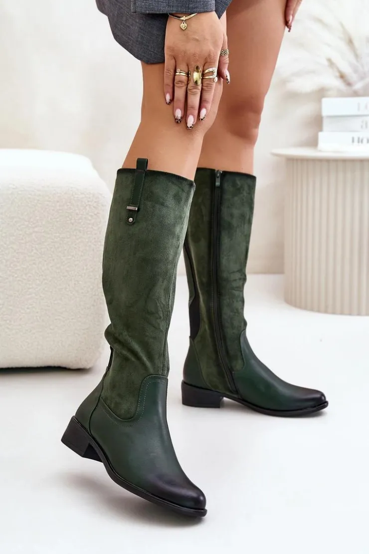 Boto Kozaki Ocieplane|Kozaki Płaskie*Damskie Ocieplane Kozaki Przed Kolano Na Zamek Zielone Ivasira