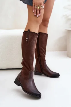 Boto Kozaki Płaskie|Kozaki Przed Kolano*Damskie Ocieplane Kozaki Przed Kolano Na Zamek Brązowe Ivasira