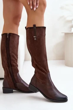 Boto Kozaki Płaskie|Kozaki Przed Kolano*Damskie Ocieplane Kozaki Przed Kolano Na Zamek Brązowe Ivasira