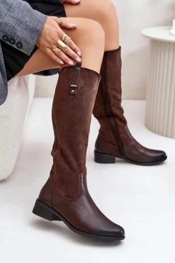 Boto Kozaki Płaskie|Kozaki Przed Kolano*Damskie Ocieplane Kozaki Przed Kolano Na Zamek Brązowe Ivasira