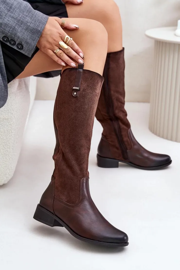 Boto Kozaki Płaskie|Kozaki Przed Kolano*Damskie Ocieplane Kozaki Przed Kolano Na Zamek Brązowe Ivasira