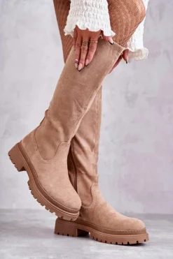 Damskie Evento Damskie Ocieplane Kozaki Do Kolana Beżowe Helma