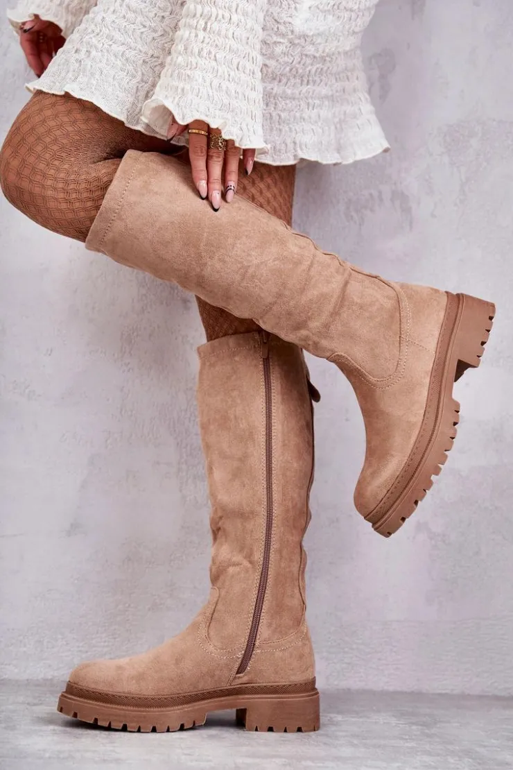 Damskie Evento Damskie Ocieplane Kozaki Do Kolana Beżowe Helma