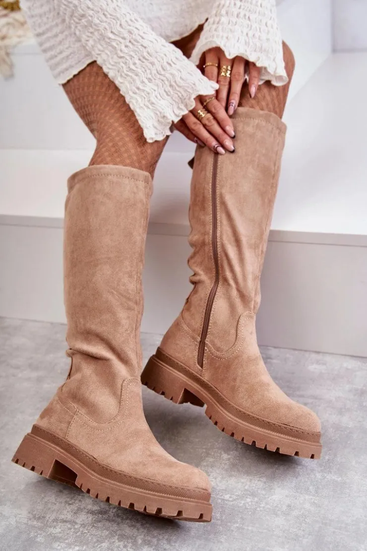 Damskie Evento Damskie Ocieplane Kozaki Do Kolana Beżowe Helma