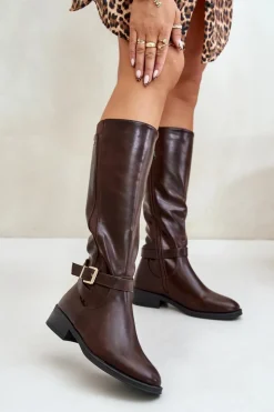 Boto Kozaki Ocieplane|Kozaki Przed Kolano*Damskie Ocieplane Kozaki Na Płaskim Obcasie Ze Złotą Klamrą Brązowe Arsisna