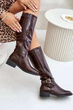 Boto Kozaki Ocieplane|Kozaki Przed Kolano*Damskie Ocieplane Kozaki Na Płaskim Obcasie Ze Złotą Klamrą Brązowe Arsisna