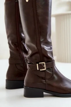 Boto Kozaki Ocieplane|Kozaki Przed Kolano*Damskie Ocieplane Kozaki Na Płaskim Obcasie Ze Złotą Klamrą Brązowe Arsisna