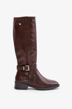 Boto Kozaki Ocieplane|Kozaki Przed Kolano*Damskie Ocieplane Kozaki Na Płaskim Obcasie Ze Złotą Klamrą Brązowe Arsisna