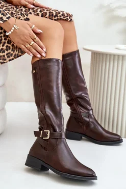 Boto Kozaki Ocieplane|Kozaki Przed Kolano*Damskie Ocieplane Kozaki Na Płaskim Obcasie Ze Złotą Klamrą Brązowe Arsisna