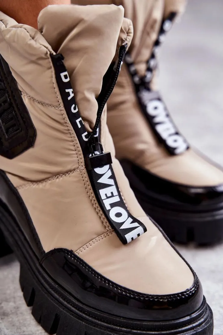 Outlet Boto Damskie Ocieplane Śniegowce Na Suwak Beżowo-Czarne Marit