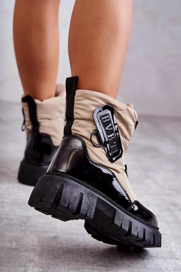 Outlet Boto Damskie Ocieplane Śniegowce Na Suwak Beżowo-Czarne Marit