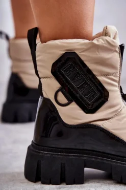 Outlet Boto Damskie Ocieplane Śniegowce Na Suwak Beżowo-Czarne Marit