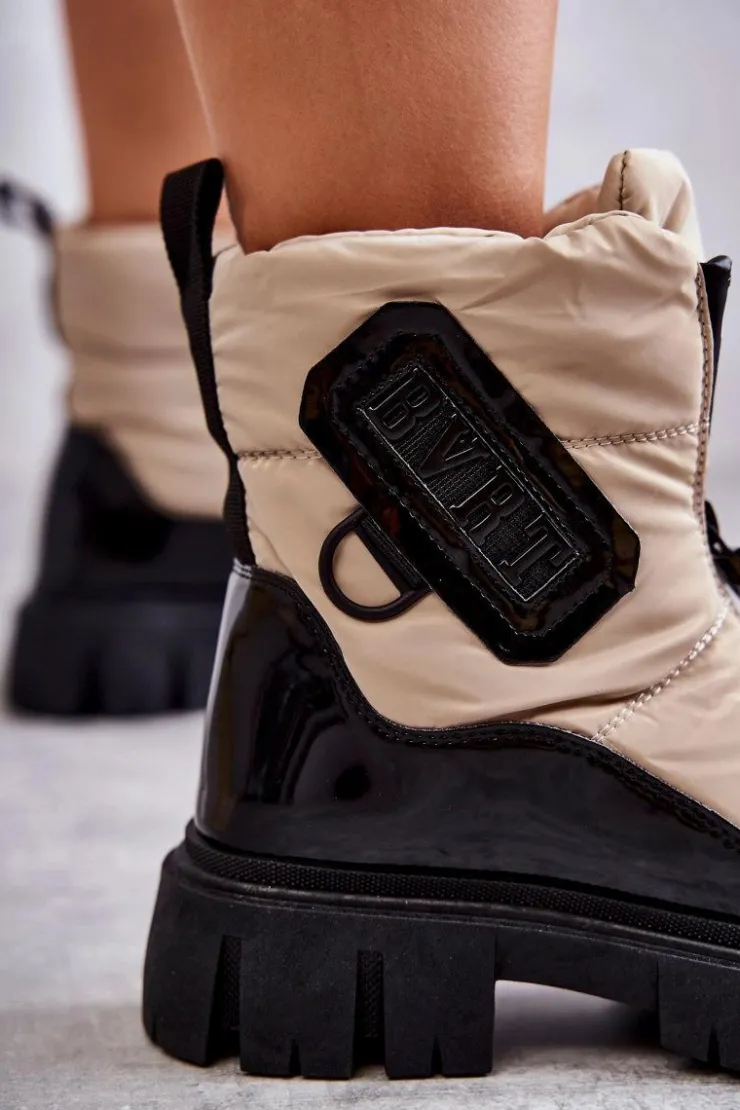 Outlet Boto Damskie Ocieplane Śniegowce Na Suwak Beżowo-Czarne Marit