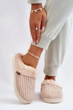 Boto Kapcie Klasyczne*Damskie Ocieplane Papcie Wsuwane Z Futerkiem Beżowe Leriss