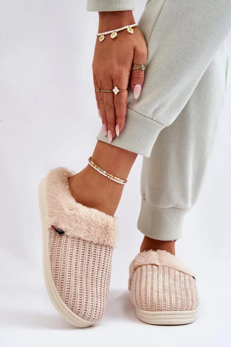 Boto Kapcie Klasyczne*Damskie Ocieplane Papcie Wsuwane Z Futerkiem Beżowe Leriss