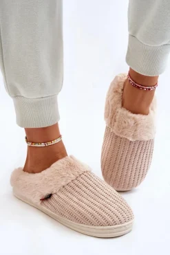 Boto Kapcie Klasyczne*Damskie Ocieplane Papcie Wsuwane Z Futerkiem Beżowe Leriss