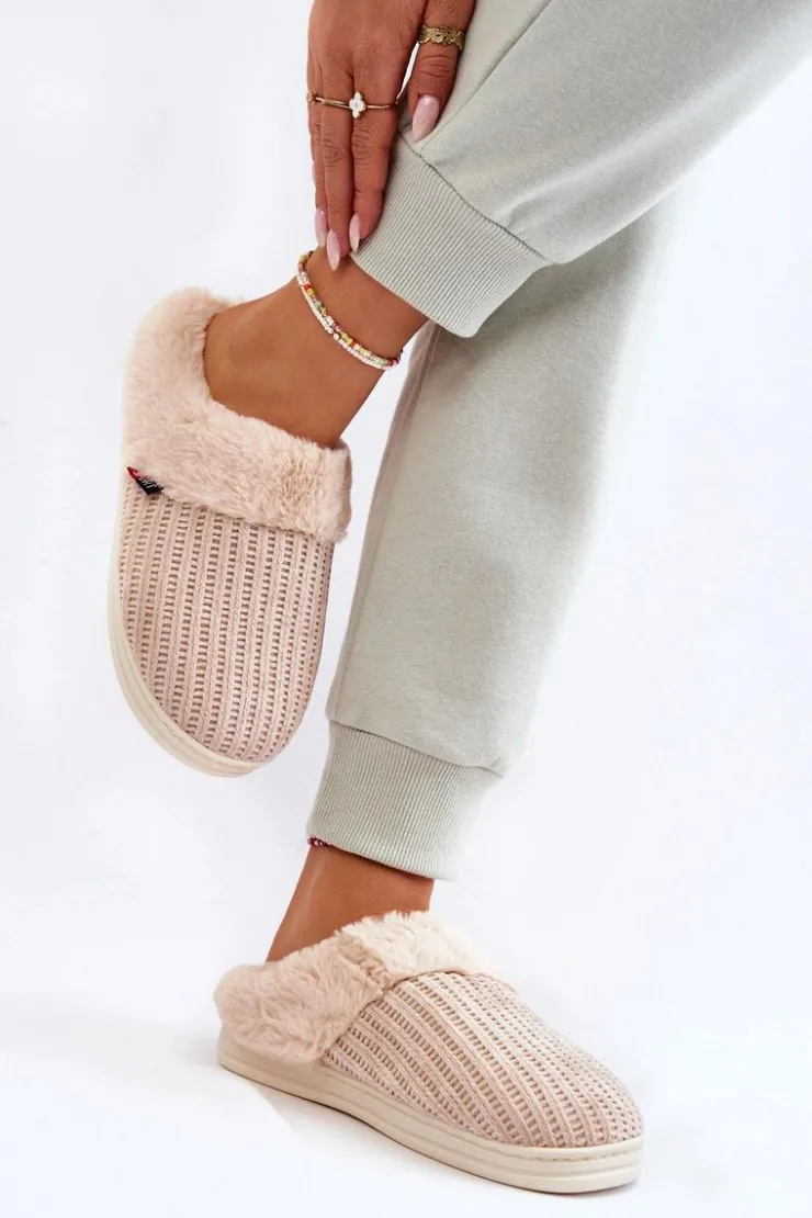 Boto Kapcie Klasyczne*Damskie Ocieplane Papcie Wsuwane Z Futerkiem Beżowe Leriss