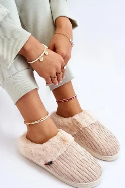 Boto Kapcie Klasyczne*Damskie Ocieplane Papcie Wsuwane Z Futerkiem Beżowe Leriss