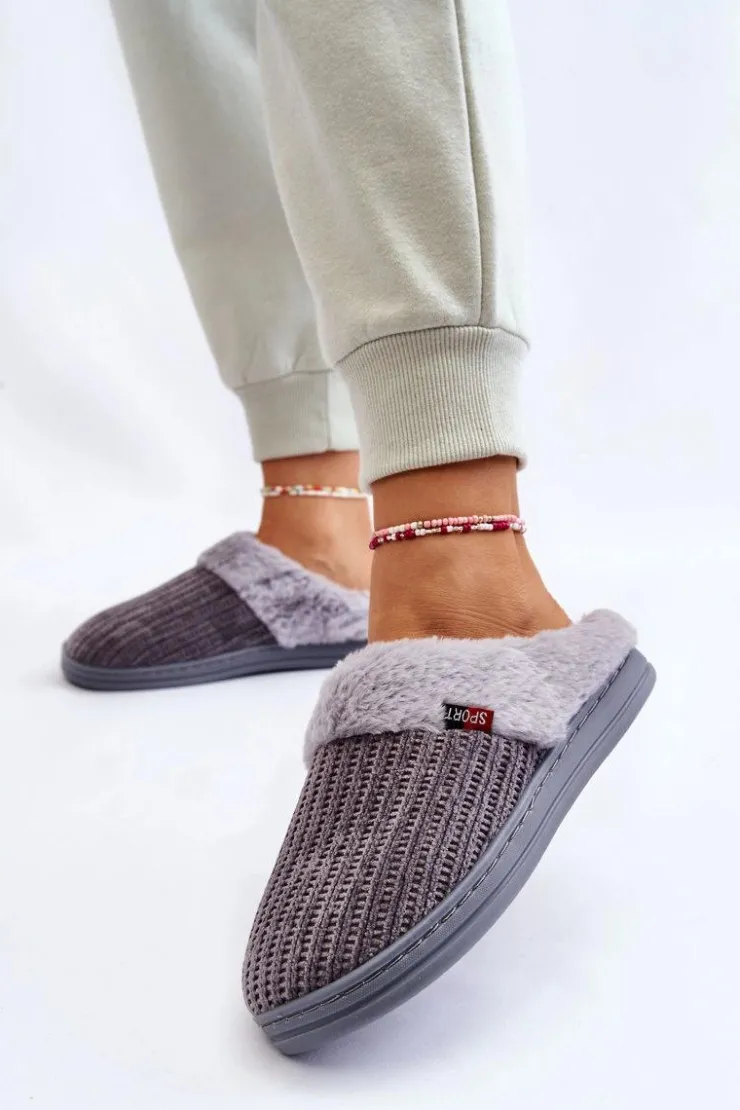 Boto Kapcie Klasyczne*Damskie Ocieplane Papcie Wsuwane Z Futerkiem Szare Leriss