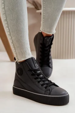 New Big Star Shoes Damskie Ocieplane Trampki Z Eko Skóry Big Star OO274790 Czarne Czarny