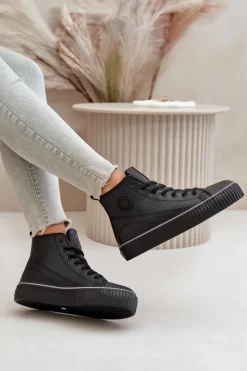 New Big Star Shoes Damskie Ocieplane Trampki Z Eko Skóry Big Star OO274790 Czarne Czarny